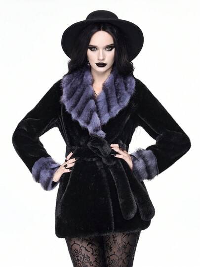 Grunge Punk Chaqueta de mujer con cuello de contraste, manga larga, cinturón y falso pelo