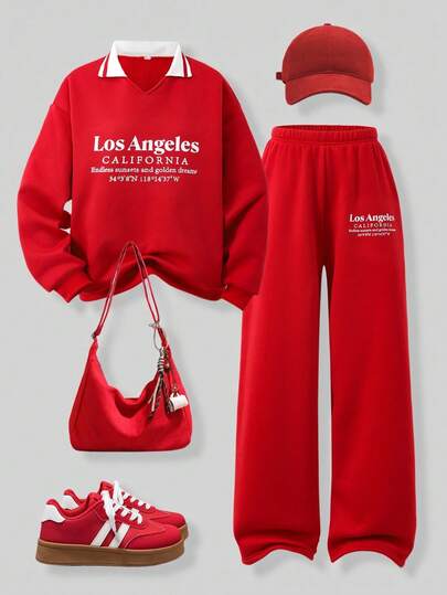 SHEIN ChillGRL 少女两件套：纯色字母印花 Polo 衫 + 宽松运动裤，休闲秋冬穿搭组合