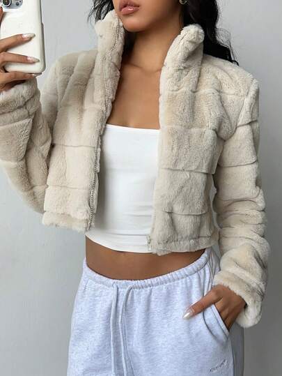 SHEIN Unity 女式纯色长袖拉链羊毛夹克，秋冬