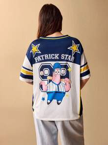 SpongeBob SquarePants | SHEIN 大码休闲撞色卡通图案V领短袖T恤，夏季 - 彩色 - 查看 2