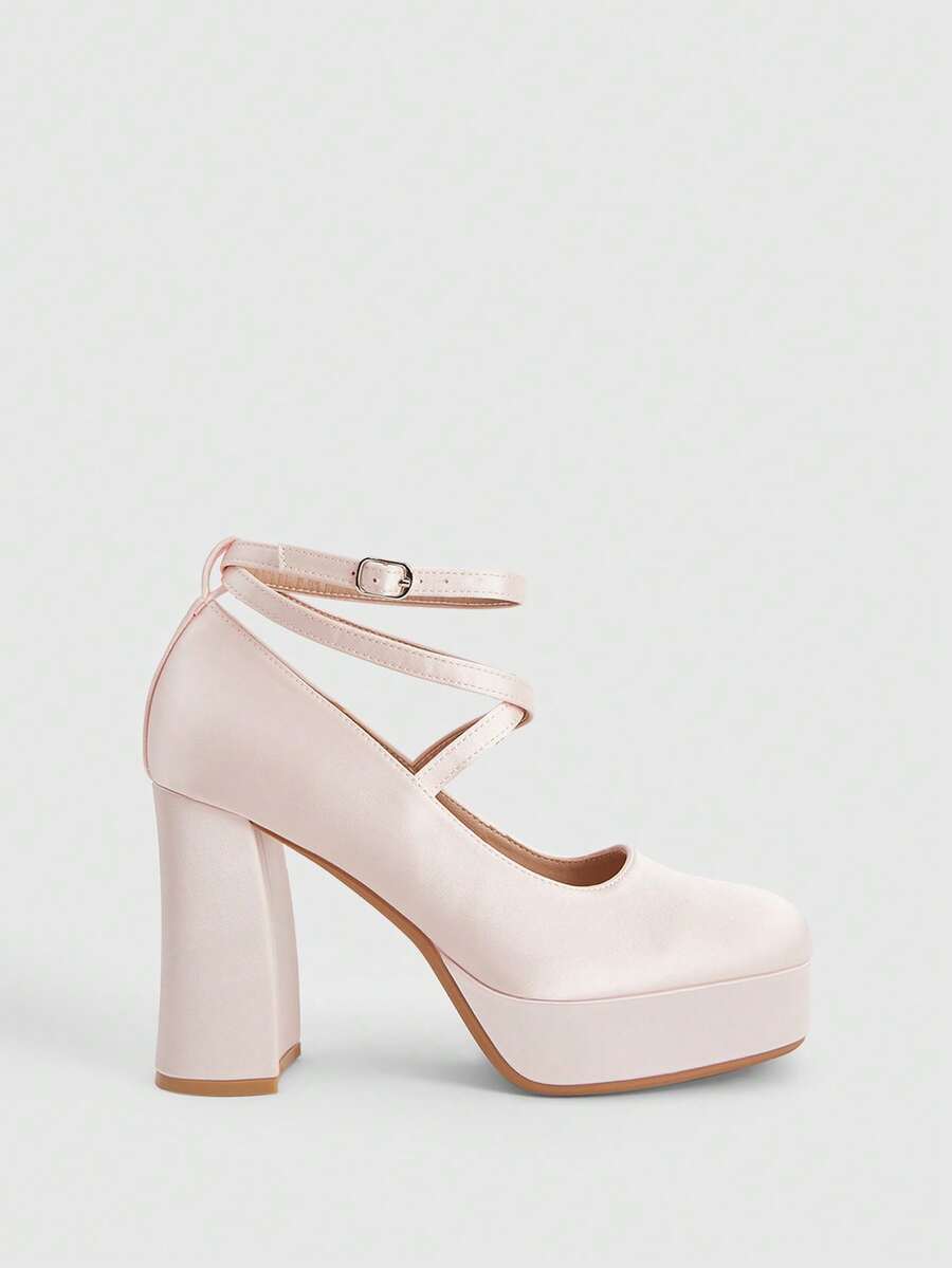 CUCCOO LuxiPop 女士厚底派对礼服高跟鞋，方头粗跟交叉绑带缎面正式高跟鞋，千禧风格派对约会鞋，时尚正式厚底高跟鞋，腮红粉色 - 完美适用于派对和婚礼，是时尚达人的理想礼物，感恩节特惠，也适合情人节和圣诞节派对 - 淺粉色 - 查看 1