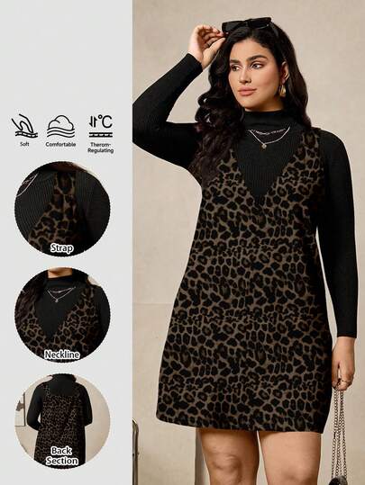 SHEIN LUNE Vestido gráfico sin mangas de talla grande, de estilo vintage elegante y minimalista con estampado de leopardo, adecuado para fiestas de otoño/invierno