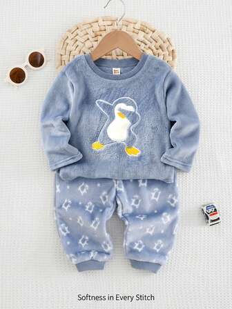 Cozy Pixies 2pcs Baby Penguin Pattern Flannel Crew Neck Long Sleeve Top And Casual Long Pants Pajama Set For Baby Boys And Girls Baby Boy Winter Outfits Baby Boys Outfit Baby Boy Winter Sets Baby Boy Clothes Duck Baby Boy Casual Set