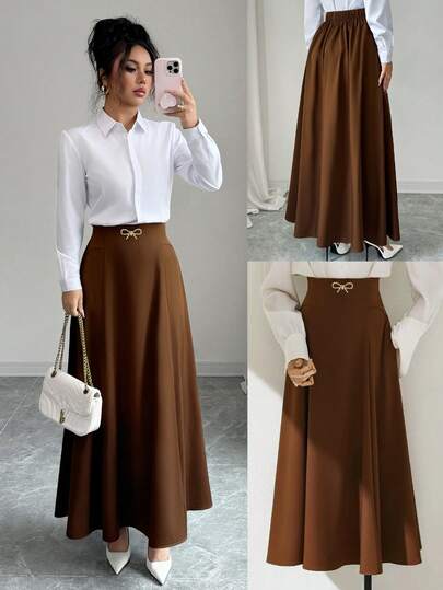 SHEIN Elenzya Independence Day Vintage French Commuter Design V-Shaped Metal Decor Split Waist Slimming Long A-Line Flared High Waist Skirt, Suitable For Autumn Daily Wear