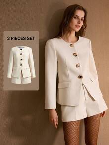 MOTF PREMIUM 纽扣结构大衣和压褶短裤两件套，秋冬 - 杏色 - 查看 8