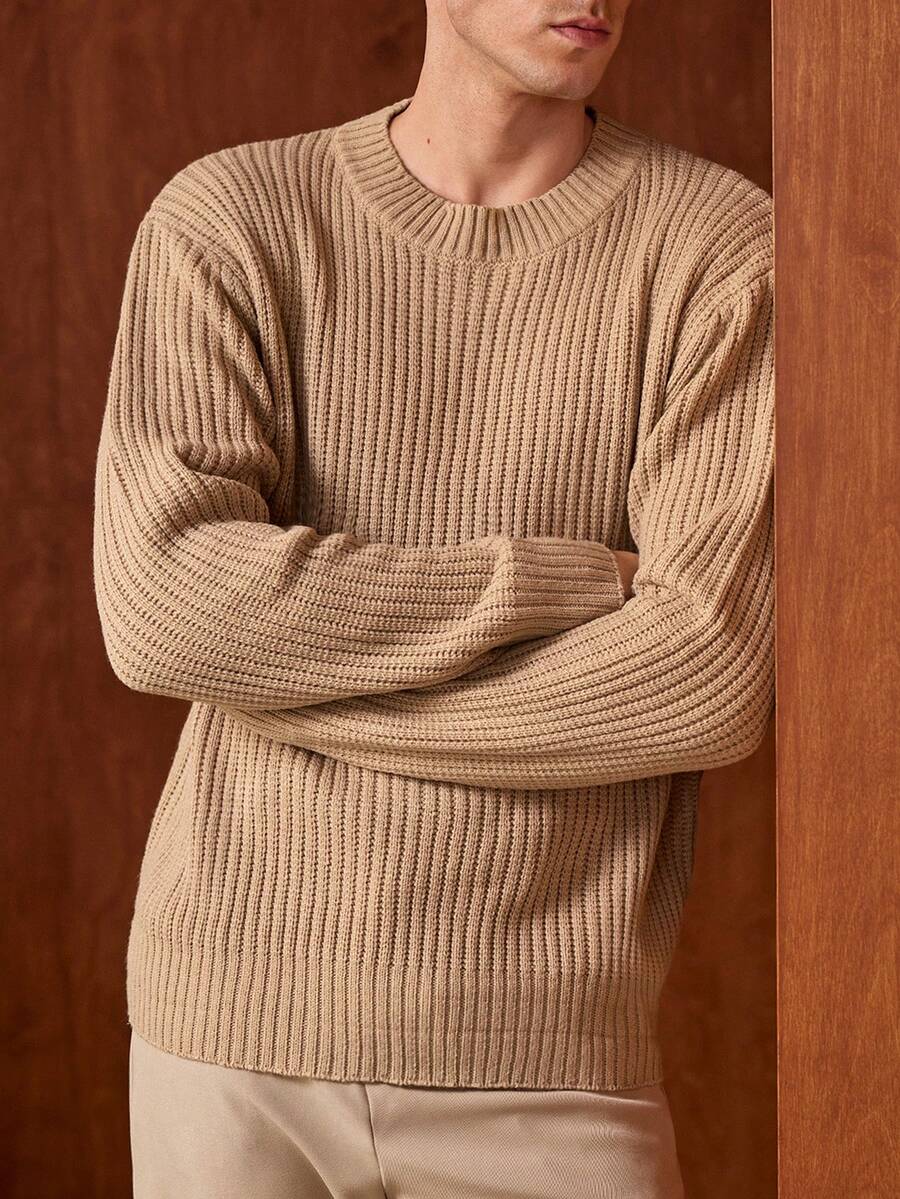 Officeau 白悦男士秋冬复古老钱风针织毛衣，宽松圆领纹理套头衫 - 卡其色 - 查看 1