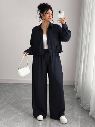 Elenzga 大码女式法式浪漫西西里优雅休闲通勤度假纯色棕色衬衫领隐形门襟松紧下摆长袖衬衫+松紧腰工装裤套装，春/秋/冬