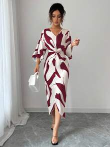 Elenzga Women's Apricot Base Color Milk Silk Digital Printing High Elasticity Fabric V-Neck Waist Twist Design Waist Slimming Asymmetrical Hem Niche Design High-End Elegant Elegant Date Outfit Thanksgiving Halloween Atmosphere Autumn New Essential Fashion Midi Dress - Red Violet - View 5