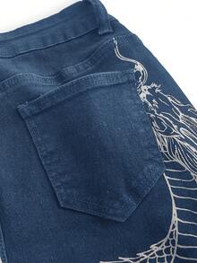 ROMWE Grunge Punk 大码朋克风印花喇叭牛仔裤，休闲牛仔裤，复古水洗蓝牛仔裤，返校季必备 - 深色水洗藍 - 查看 3