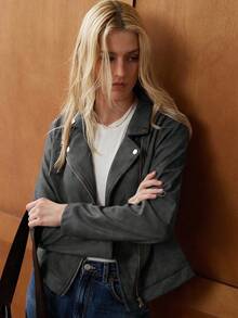 Écloséra Áo khoác nhẹ tay dài bằng da PU, cổ bẻ, bốn nút, màu nâu cổ điển thanh lịch dành cho nữ, mùa xuân/thu - màu đen - Xem 5