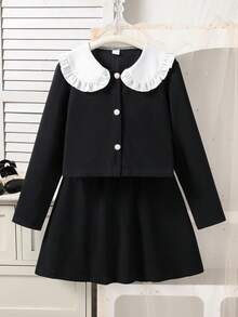 SHEIN Tween Girls Casual Elegant Long Sleeve Dolman Collar Jacket And High Waist Versatile Mini Skirt Set, Spring/Autumn - Black - View 1