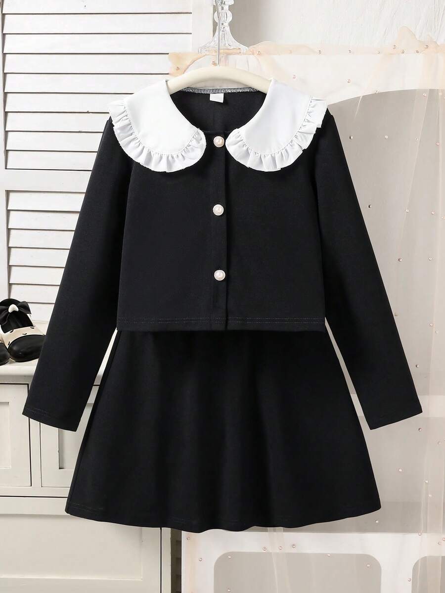 SHEIN Tween Girls Casual Elegant Long Sleeve Dolman Collar Jacket And High Waist Versatile Mini Skirt Set, Spring/Autumn - Black - View 1
