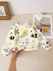 LOONEY TUNES X SHEIN Baby Girl Casual Cute Cartoon Pattern Crew Neck Sweatshirt, Autumn - White - View 6