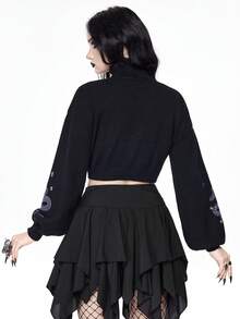 ROMWE Goth 女士深色高领短款毛衣，复古神秘蛇纹蝴蝶提花泡泡袖针织上衣，秋冬款 - 黑色 - 查看 3