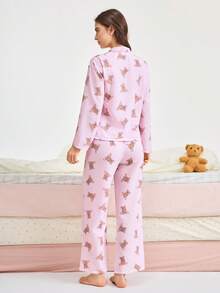 Bonmuse 2件套女士宽松开衫纽扣小熊印花长袖+松紧腰裤睡衣套装，可爱家居服，舒适套装，秋季服装 - 粉色 - 查看 2