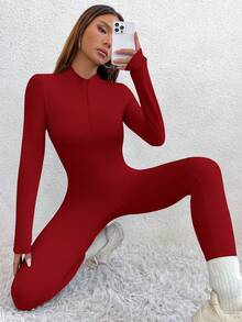 SHEIN PETITE Autumn/Winter Zipper Long Sleeve Sportswear Casual Naked Feel Thermal Lined Skinny Elastic Jumpsuit - Red - View 5