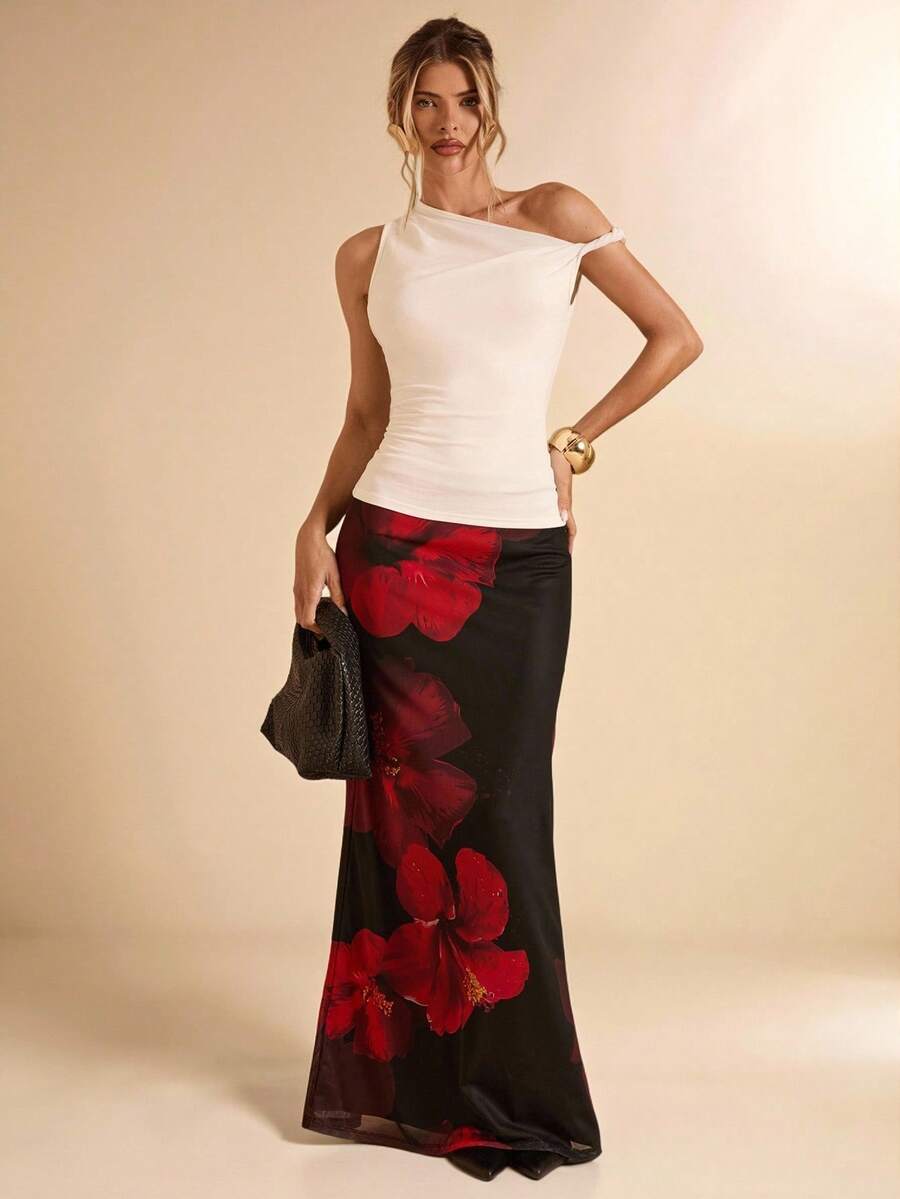 SHEIN BAE 女式黑色底红色花卉印花网眼裙，适合婚礼季节、万圣节、夜间外出、活动、节日，优雅女士裙，黑红色花朵女式裙 - 黑色 - 查看 1