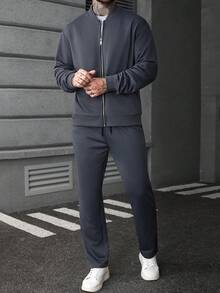 Manfinity Homme Plus Size Men Solid Color Long Sleeve Zip-Up Baseball Collar Jacket And Pants Casual Suit, Autumn Men Casual Suit Mens 2 Piece Leisure Suits Men 2 Piece Set Spring Fall Men Suit Set Grey Men Joggers Suit Old Money,Daily Leisure, Weekend Trips, Outdoor Activities, Travel Expeditions, Relaxed Work Environments Or Semi-Formal Occasions, Boyfriend/Husband Gift, Anniversary Gift Party Christmas