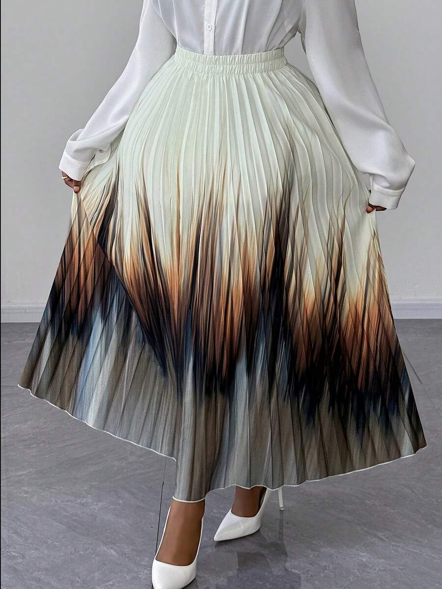 Maweii Plus Size Women Elegant Romantic Ombre Pleated Long Skirt, Suitable For Spring, Autumn And Winter - Multicolor - View 1