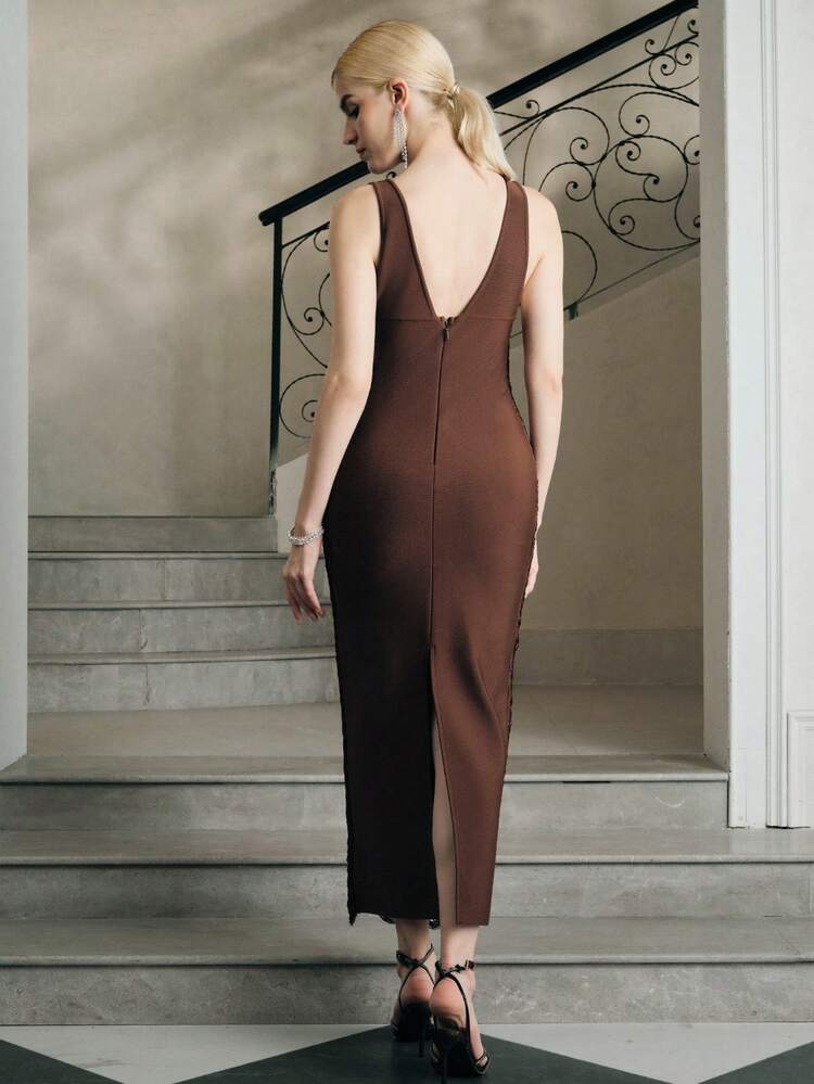 Vestido Longo Mocha Brown Bandagem Decote em V Profundo Bodycon para Festa da Noite, Vestido Longo Elegante para Convidado de Casamento no Outono/Inverno