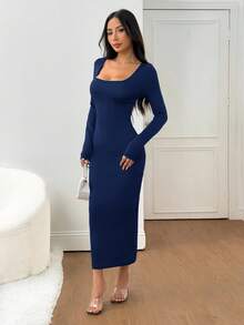 SHEIN PETITE 女士秋冬基础款针织灰色修身方领长袖连衣裙 - 藏蓝色 - 查看 5