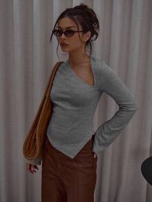 MUSERA Asymmetric Hem Cut Out Long Sleeve Knit Top Cute Classy Casual Streetwear Sexy Going Out Fall Autumn Toffee Evening Party Elegant Winter New Year - Grey - View 5