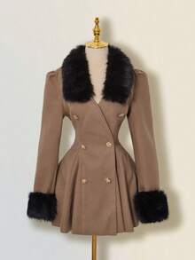 SHEIN ICON 女士毛绒拼接双排扣长袖外套，秋冬款 - 棕色 - 查看 8