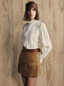 Arave Damen Gewebter einfarbiger Baumwollstoff Cut Out Trichter Kragen Rüschen Saum Patchwork Design Lässig Pendler Damen Pullover Top