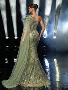 Glamrae Elegant Luxurious Beaded & Sequin Floral Asymmetric Shoulder Sexy Slit Mermaid Maxi Dress With Oversized Sleeves, Suitable For Weddings, Events, Parties, Vacations, Galas, Formal Occasions (Heavily Embellished) Gown - Grass Green - View 4