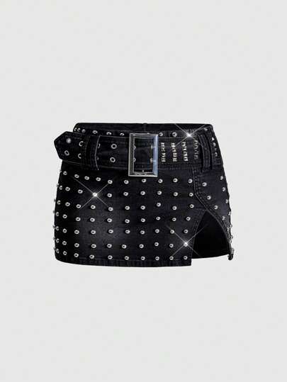 Grunge Punk Minigonna di jeans punk sexy con spacco alto e design con borchie