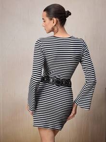 Modelyn Women's Casual Striped Print Round Neck Short Dress - Black and White - View 2