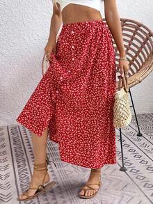 Breezaya Women's Ditsy Floral Elastic Waist Button Design Casual Midi Skirt - Red - View 4