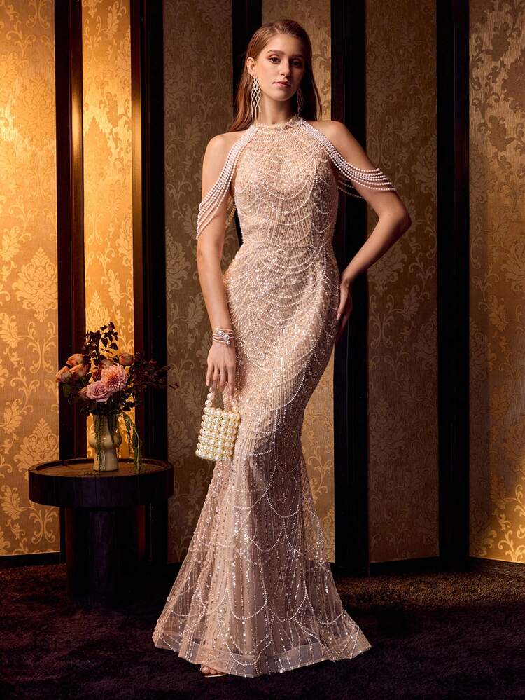 MOTF Soiréza ELEGANT SLEEVELESS STAND COLLAR SPARKLY BEADED FITTED MERMAID MAXI EVENING GOWN WITH FAUX PEARL CHAIN TRIM ON SLEEVES, IDEAL FOR WEDDINGS, GALAS & FORMAL EVENTS FOR WOMEN