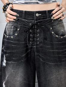 ROMWE Grunge Punk Jeans évasés à taille basse et décontractés avec design vintage et rivetés pour femmes