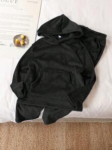 SHEIN 2件套青少年男童简约纯色抓绒连帽衫和长裤舒适家居服套装，藏蓝色 - 黑色 - 查看 6