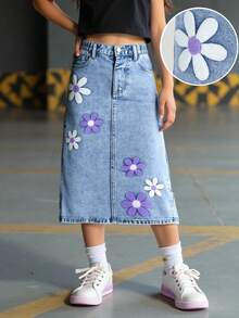 SHEIN Explorewe Jeansy dla nastolatek, casualowe i urocze, z trójwymiarowym haftem kwiatowym, prosty krój, wygodny bawełniany denim, odpowiednie do noszenia na co dzień, do szkoły i dojazdów do pracy, na każdą porę roku, dla dziewczynek z lat 90., w stylu lat 90. - Średni jeans - Zobacz 4