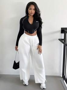 Alexandranx Damen Frühling und Sommer für Vintage Streetwear Cargo Athleisure Streetwear weiße Kordelzug Sportswear Schlupfhose mit weitem Bein