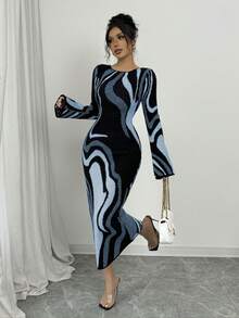 Elenzga Women's Fashion Commuter Color Block Bodycon Waist Knit Dress - Blue - View 4