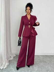 Elenzga 女士优雅奢华正式礼服套装，亮片欧根纱荷叶边领带西装套装，包含长袖外套和直筒裤，酒红色，适合万圣节、圣诞节、新年派对、毕业典礼、婚礼等场合。 - 酒紅色 - 查看 3