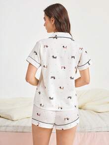 Bonmuse 2pcs/Set Print Women Pajama Set, Lightweight Bubble Crepe Short Sleeve Collared Cardigan Top And Loose Shorts, Casual Sleepwear And Loungewear Set, Suitable For All Seasonsfor Summer - White - View 2