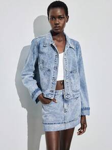 Maija 女士长袖单排扣口袋牛仔外套和牛仔迷你裙休闲套装，都市通勤商务休闲装 - 中等水洗藍 - 查看 3