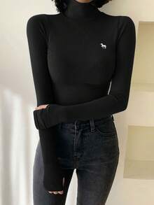 DAZY Women's Turtleneck Tight Fit Thermal Lining T-Shirt With Embroidery Pattern Long Sleeve - Black - View 6