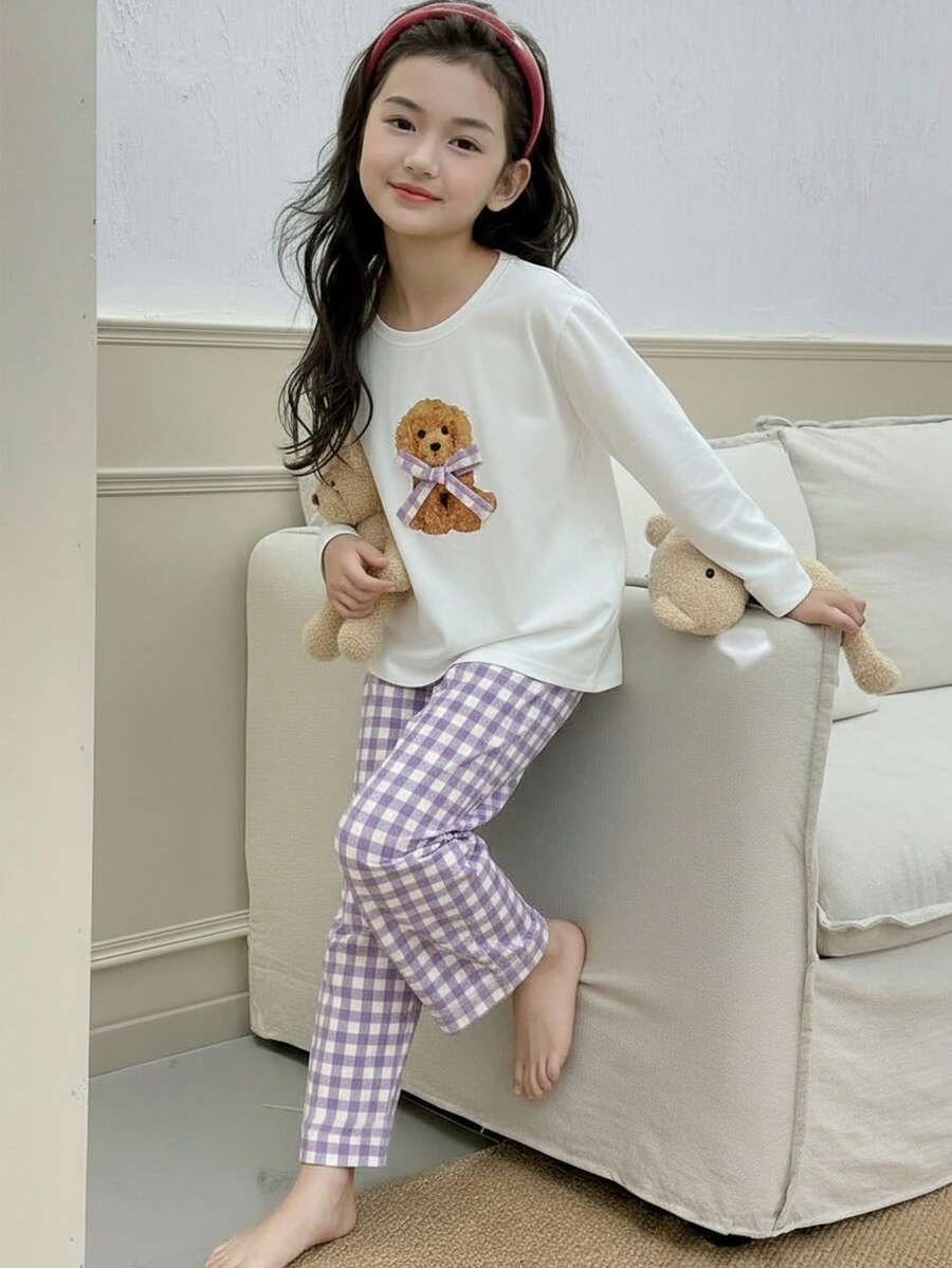 SHEIN 2pcs Girls' Cartoon Puppy & Bow Print Knit Long Sleeve Top And Pants Pajama Set - White - View 1
