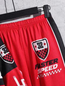 SHEIN 男童休闲宽松舒适柔软经典时尚酷炫赛车图案印花套头卫衣套装，适合秋冬季穿着 - 紅色 - 查看 8