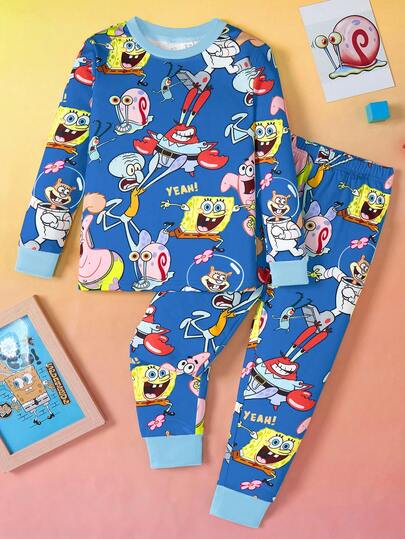 SpongeBob SquarePants | SHEIN 2pcs/Set Young Boy Cartoon Print Crew Neck Long Sleeve Top And Pants Knit Casual Stretchy Tight Pajama Set