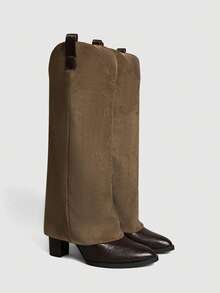 SheIn MOD Botas altas de punta fina de color contrastante versátiles para ir al trabajo para mujeres - Camel - Ver 1