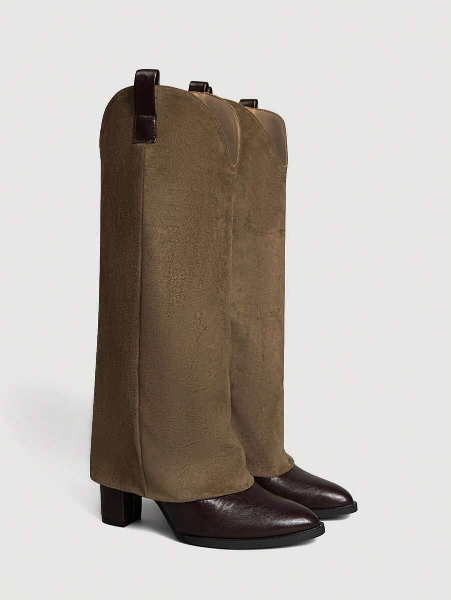 SheIn MOD Botas altas de punta fina de color contrastante versátiles para ir al trabajo para mujeres - Camel - Ver 1