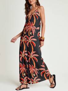 CAJUNI 女士休闲度假热带椰树印花无袖V领连体裤，黑红配色，适合约会穿着 - 黑色 - 查看 7