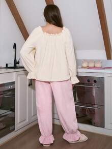 Slumberry CURVE Bộ đồ ngủ tay chuông màu tương phản họa tiết nơ xinh xắn ngày lễ tình nhân cỡ lớn, quần áo mùa đông ấm áp mềm mại - Nhiều màu - Xem 2