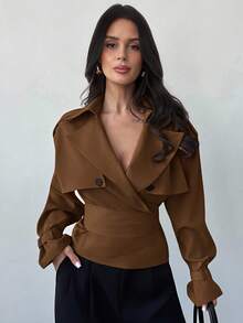 Firerie 女士时尚纯色优雅收腰短款风衣 - 棕色 - 查看 4